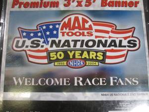 lot 158 image: (H-1) 3 ft x 5 ft NHRA US Nationals Mac Tools 50 Years Banner - New