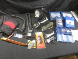 lot 166 image: (A-2) Fishing Knife, Assorted Flashlights, Assorted Freeze Blocks, Pair of Gloves