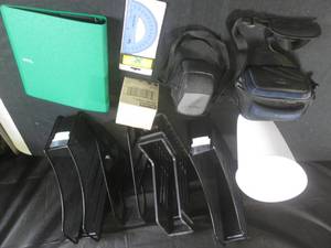 lot 168 image: (EW4) Office Organizers, 3-Ring Binder, 12pk Double Sided Tape, Small Trash Can and Camera Cases