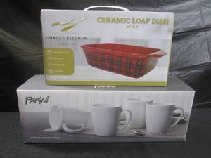lot 201 image: (CS) Ceramic Loaf Dish 10 x 5 and 4pc Ceramic White Mugs