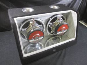 lot 251 image: (EC1) PTS Extra Power Shock Z4 Double Speaker 1000 Watt Subwoofer with Konaki KO-3620 800 Watts Mosfet 2-Channel Crossover Power Amp Mounted On Back