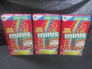 lot 332 image: (B-2) 3 Family Size Boxes Lucky Charms Minis Cereal 18.6oz Best by March 2024
