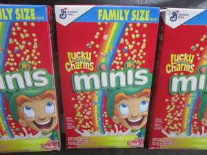 lot 333 image: (B-2) 3 Family Size Boxes Lucky Charms Minis Cereal 18.6oz Best by March 2024