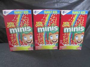 lot 334 image: (B-2) 3 Family Size Boxes Lucky Charms Minis Cereal 18.6oz Best by March 2024