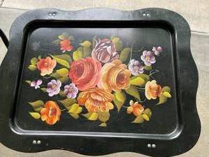 lot 77 image: Two Vintage Metal Floral Themed Folding Trays