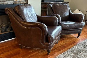 lot 3 image: Pair of Bradenton Young Brown Leather Club Armchairs