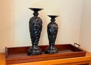 lot 92 image: Decorative Tray and Pair of Ornately Designed Candle Holders