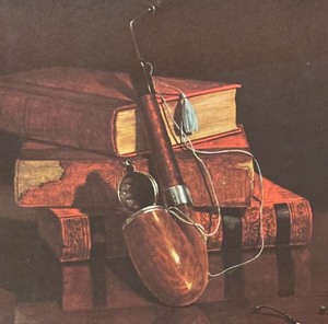 lot 131 image: Pipe and Books Framed Still Life Print by HL Harnett