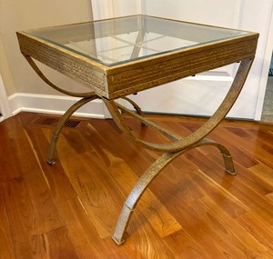 lot 41 image: Stylish Golden Curved Based Glass Top Accent Table