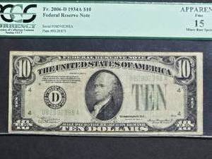 1934A $10 Federal Reserve Note Serial D82902398A Graded 15 by PCGS