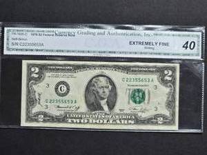 1976 $2 Federal Reserve Note Neff-Simon Serial C22355653A - Currency Grading and Authentication 40 Extremely Fine