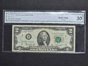 1976 $2 Federal Reserve Note Neff-Simon Serial B382190418A - Currency Grading and Authentication 30 Fine