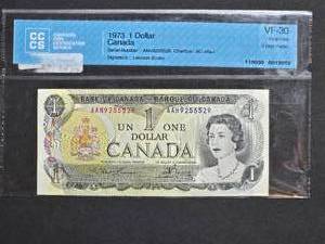 1973 Canadian $1 Lawson Bouey Serial AAH9255529 - Canadian Coin Certification Service VF-30