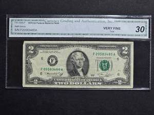 1976 $2 Federal Reserve Note Neff-Simon Serial F20583480A - Currency Grading and Authentication 35 Very Fine Tear