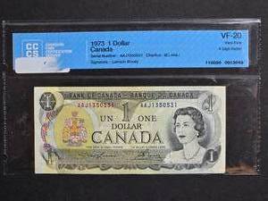 1973 Canadian $1 Lawson Bouey Serial AAJ1350531 - Canadian Coin Certification Service VF-20