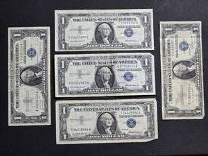 Lot of 5 Blue Seal $1 Silver Certificate Notes 3  1957, 1935G, 1957A (See Desc. for Serials)