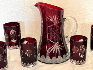 lot 20 image: Vintage Bohemian Ruby Red Cut Glass Pitcher and 6 Glasses