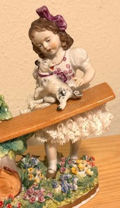 lot 121 image: Antique German Dresden Sitzendorf Lace Girls On See-Saw Figurine