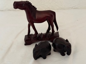lot 109A image: Chinese Carved Horse Figurine and Pair of Elephant Carved Figurines