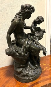 lot 10 image: Michel Claude Clodion, Bronze, Faun and Two Putti