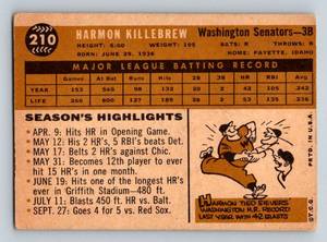 lot 9A image: 1960 Topps Harmon Killebrew #210 Vintage Minnesota Twins Baseball Card