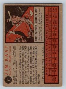 lot 38A image: Jim Kaat 1962 Topps #21 Vintage Minnesota Twins Baseball Card