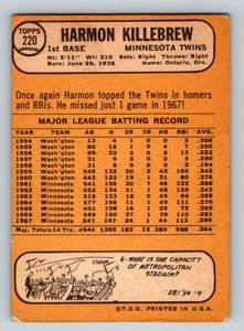 lot 39A image: Harmon Killebrew 1968 Topps #220 Vintage Minnesota Twins Baseball Card