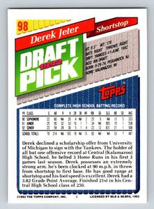 lot 41A image: Derek Jeter RC 1993 Topps #98 Rookie Baseball Card
