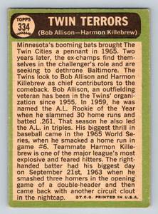 lot 75A image: 1967 Topps Twin Terrors Bob Allison and Harmon Killebrew #334 Vintage Minnesota Twins Baseball Card