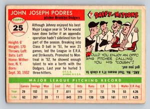 lot 81A image: 1955 Topps Johnny Podres #25 Vintage Baseball Card