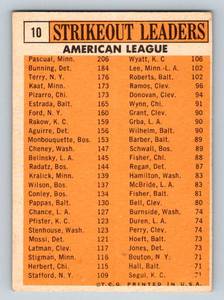 lot 89A image: 1963 Topps AL Strikeout Leaders #10 - Camilo Pascual, Jim Bunning, Jim Kaat Minnesota Twins Vintage Baseball Card