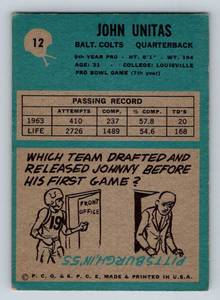 lot 10B image: 1964 Philadelphia John Unitas #12 Vintage Football Card