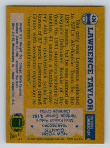 lot 11C image: Lawrence Taylor LT RC 1982 Topps #434 Vintage Rookie Baseball Card