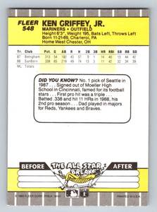 lot 17C image: Ken Griffey Jr. RC 1989 Fleer #548 Rookie Baseball Card