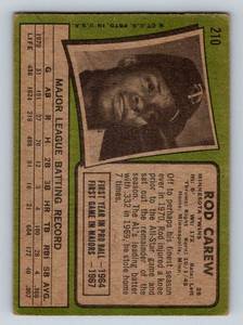 lot 28C image: 1971 Topps Rod Carew #210 Vintage Minnesota Twins Baseball Card