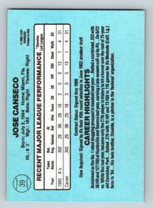 lot 12D image: Jose Canseco RC 1986 Donruss Rated Rookie #39 Vintage Rookie Baseball Card