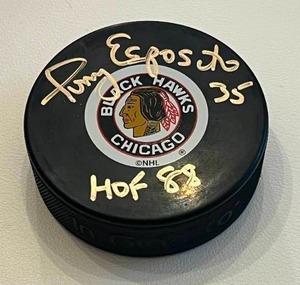 lot 5H image: Tony Esposito Signed Chicago Blackhawks Logo Puck with JSA COA, inscribed 35 HOF 88 Vintage Hockey