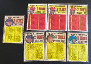lot 56A image: 7 Card 1968 and 1969 HOF Checklist Lot - Bob Gibson, Frank Robinson, Carl Yastrzenski, Juan Marichal - lists are marked - Vintage Baseball Cards