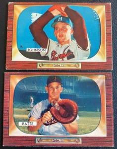 lot 14B image: 1955 Bowman 2 Card Lot Matt Batts #161 and Ernie Johnson #157 Vintage Baseball Cards