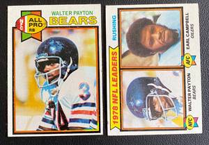 lot 33C image: Walter Payton 1979 Topps 2 Card Lot #480 and #3 Rushing Leaders with Earl Campbell RC Vintage Football Cards