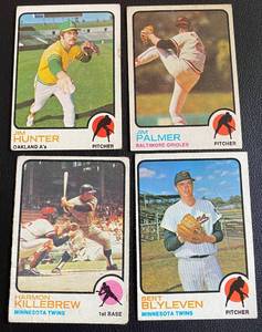 lot 46C image: 1973 Topps 4 Card Superstar HOF Lot - Jim Hunter #235, Bert Blyleven #199, Harmon Killebrew #170, Jim Palmer #160 Vintage Baseball Cards