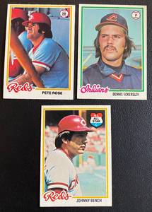 lot 51C image: 1978 Topps 3 Card Superstar HOT Lot - Pete Rose #20, Johnny bench #700, Dennis Eckersley #122 Vintage Baseball Cards