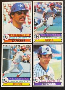 lot 52C image: 1979 Topps 4 Card Superstar HOF Lot - Reggie Jackson #700, Paul Molitor 2nd Year #24, Johnny Bench #200, Joe Morgan #20 Vintage Baseball Cards