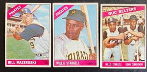 lot 6E image: 1966 Topps 3 Card Pittsburgh Pirate Stars Lot - Willie Stargell #255, Bill Mazeroski #210, Buc Belters #99 Vintage Baseball Cards