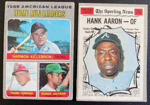 lot 11F image: 1970 Topps 2 Card Super Star Lot - #462 Hank Aaron (bad back) and #66 AL HR Leaders - Killebrew, Jackson, Howard - Vintage Baseball Cards