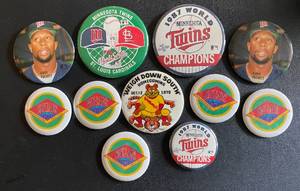 lot 53C image: Lot of Minnesota Twins Vintage Pins - 1987 World Series, Kirby Puckett, 10 Year Metrodome, and More
