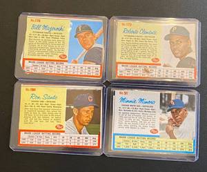 lot 8A image: 1962 Post 4 Card HOF Baseball Lot - Roberto Clemente, Bill mazeroski, Minnie Minoso, Ron Santo - Vintage Baseball Cards