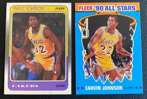lot 25A image: Magic Johnson 1988 Fleer #67 and 1990 Fleer All-Stars Sticker #4 Basketball Cards