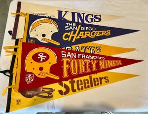 lot 69B image: Lot of 5 Vintage Sports Pennants - LA Kings, Pittsburgh Pirates, Pittsburgh Steelers, San Diego Chargers, and San Francisco 49ers