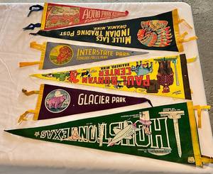 lot 76B image: Lot of 6 Vintage Pennants - Mille Lacs, Paul Bunyan, Houston Texas, Glacier Park, Interstate Park, Aqua Park